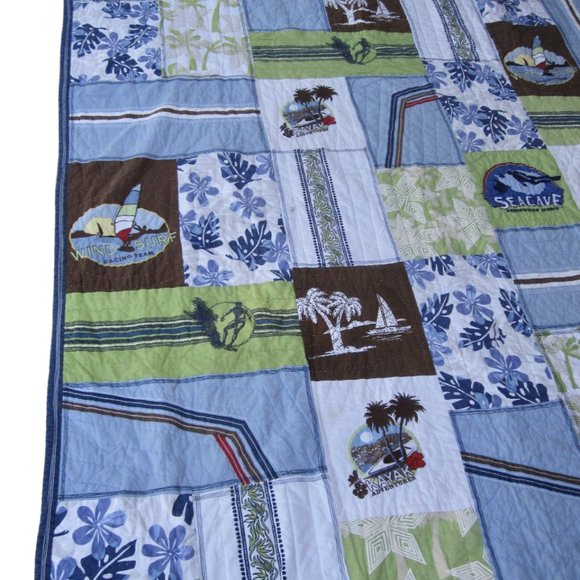 Pottery Barn Aloha Surf Twin Patchwork Quilt & Sham Kayak Blue Hawaii California - Picture 2 of 8